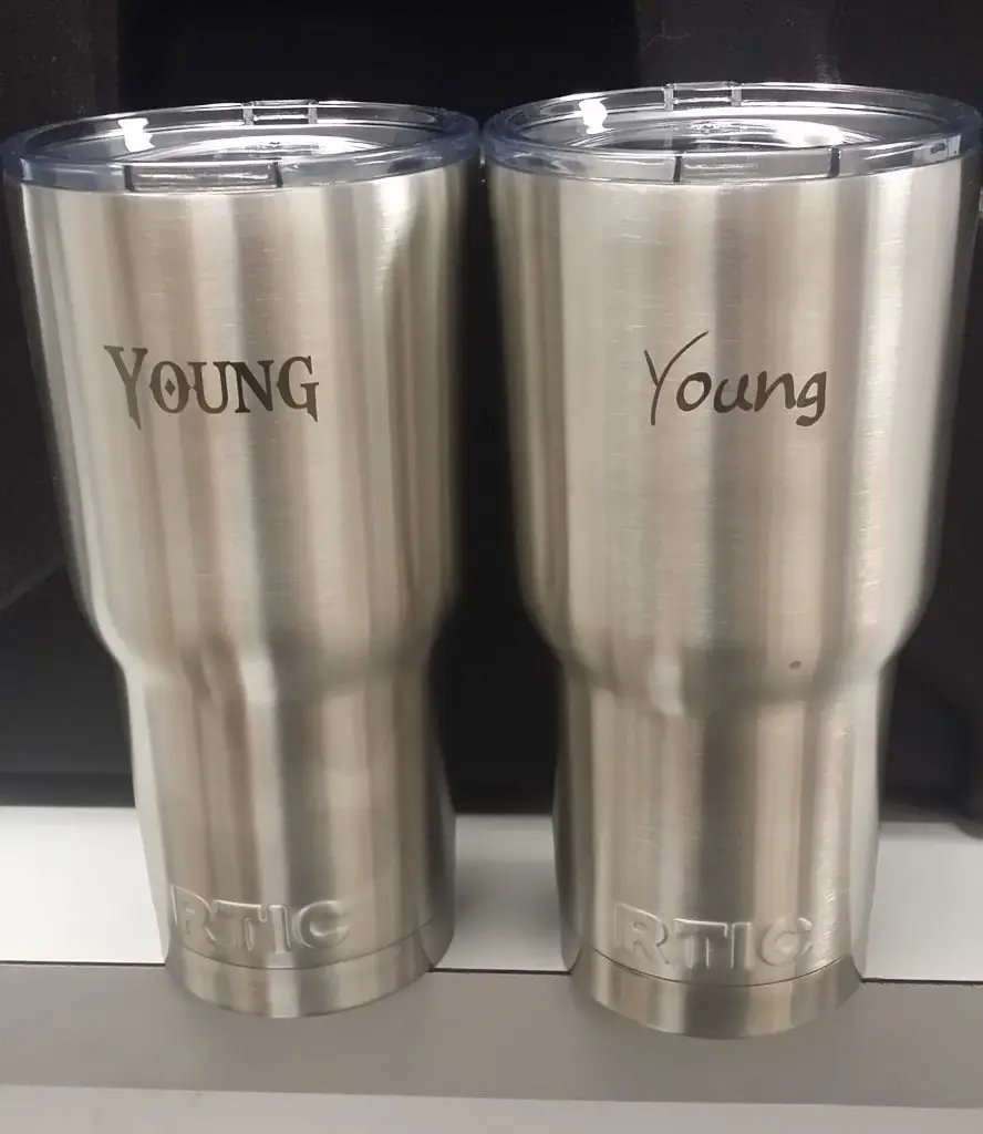 RTIC Cup Laser Engraving in Gods or War and Ellianarelles Path fonts
