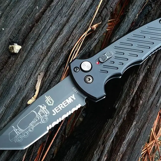 Gerber Auto Tanto Serrated 30-000850. Personally engraved in Times New Roman font, and customized logo. #gerber #auto #tanto #customerservice #engraving #30-000850