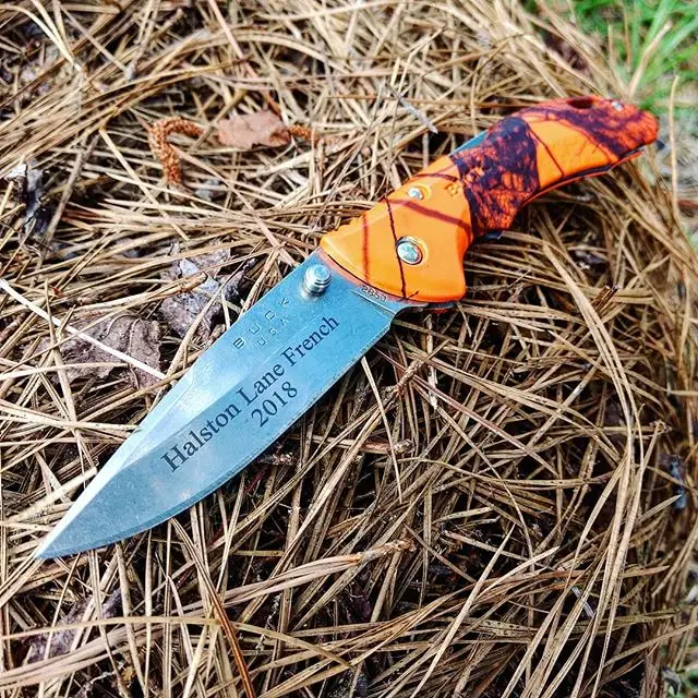 Buck Bantam Blw Knife BU285CMS9. Make sure you are safe while hunting this year with your hunters orange Bantam knife and personalized laser engraving. #buck #bantam #blw #personalized #engraving #BU285CMS9