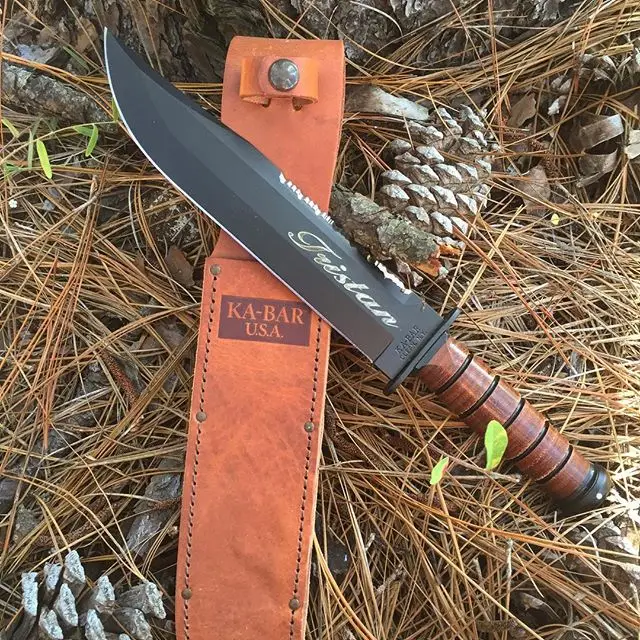 Kabar KA2217 Big Brother Fighting Utility Fixed blade knife with leather sheath.  Just engraved with John Hancock font.  From one brother to another!
#kabar #kabarknives #engravedgifts #engravedknives