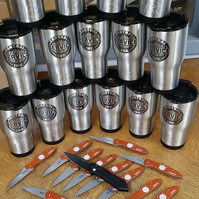 Engraved tumblers and engraved knives with company logo. Get your laser engraving and company promo gifts at 
HAND-TOOLS.COM 
#ENGRAVING #knives #rtic #companylogo #companygift #kershawknives