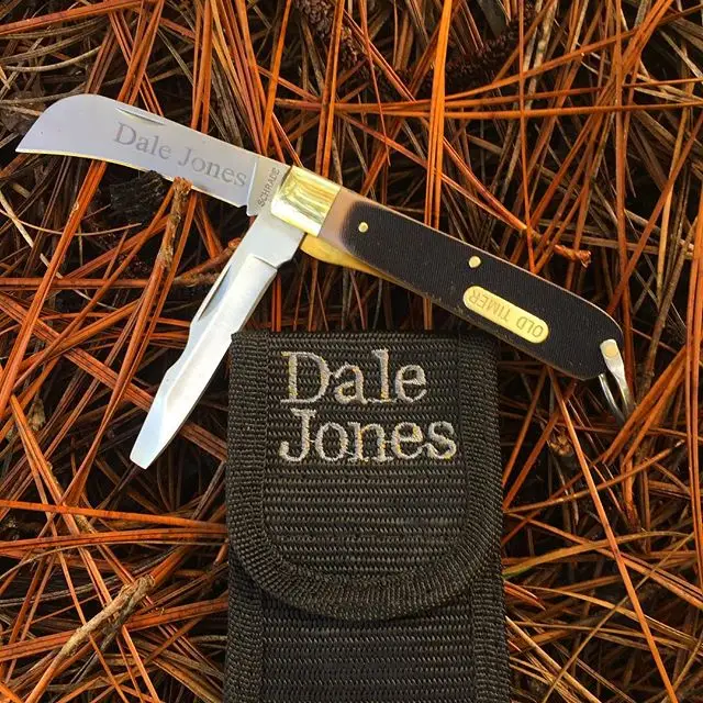 Schrade Old Timer Electricians SCH159OT was just personalized with engraving on the blade and embroidery on the sheath.  #schradeknives #SCH159OT #embroideredsheath #engravedknives
