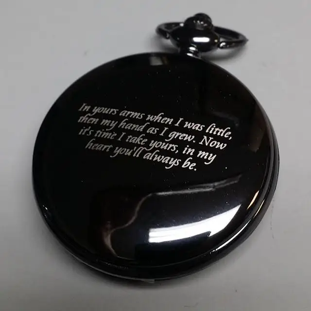 Laser engraving on a pocket watch for dad. Need laser engraving?  We can engrave on anything except glass and wood.

#laserengraving #personalized