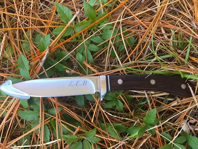 Browning Day Break fixed blade BR0182. Just engraved in Zapino font. Comes with leather sheath. #browningknives #leathersheath #fixedblade #BR0182
