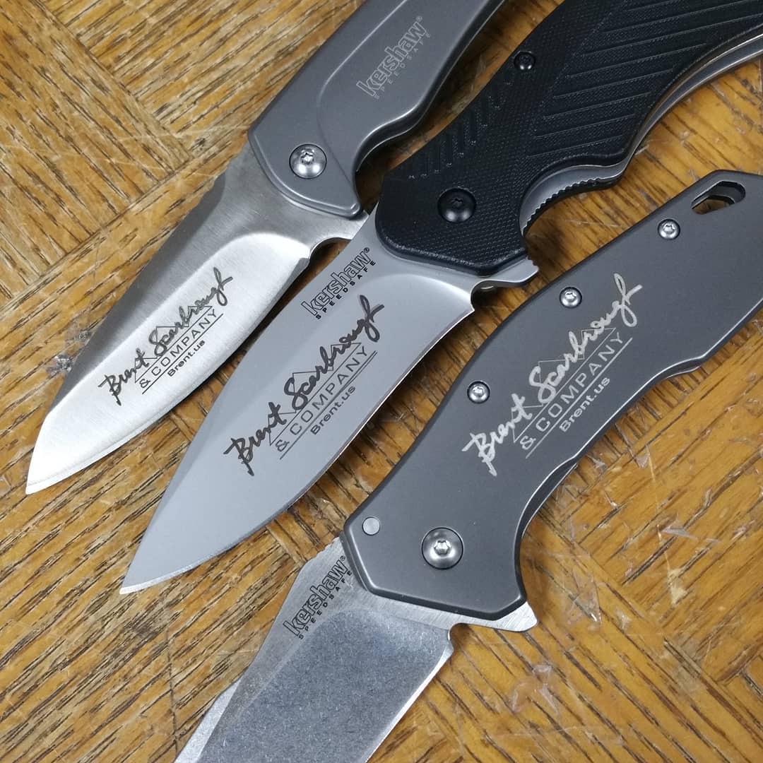 A of Kershaw knives with logo laser engraving. Shown is th