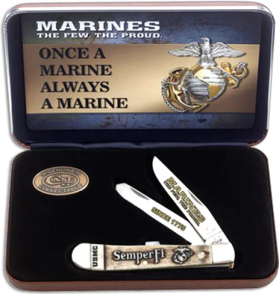 Case U. S. Marine Corps - Embellished Smooth Natural Bone Trapper (6254 SS) Gift Set in Jewel Box Knives 13183