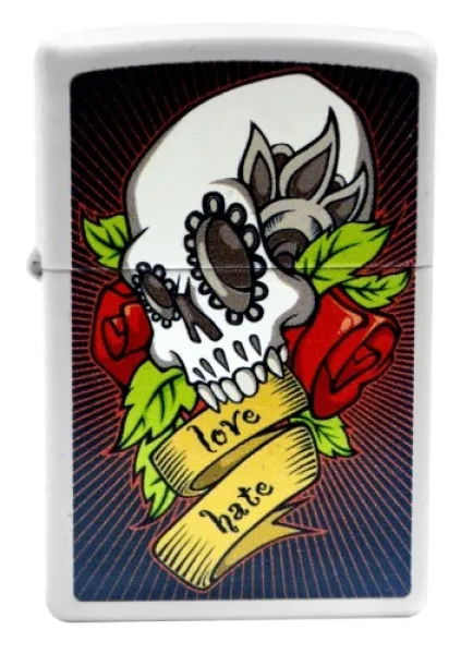 Zippo White Matte Skull Love-hate lights 28859