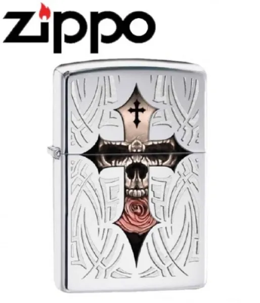 Zippo High Pol Chrm Skull-cross lights 28874