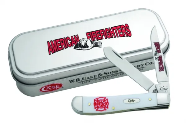 Case Firefighter Gift Tin - Embellished Smooth White Synthetic Mini Trapper (4207 SS) Knives 5468