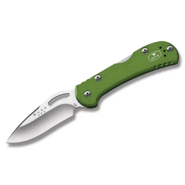 Buck Mini Spit Fire Green (7802) B726GRS. This small folding knife features a blade measuring 2.75 inches and a green anodized aluminum handle with gray accent liner. Made in the USA.