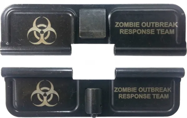 Double Sided Zombie Outbreak Response Team AR-15 Laser Engraved Ejection Port Dust Cover AR15_EJECTION_PORT_COVER_BIOHAZARD_ZOMBIE_DOUBLE_SIDED
