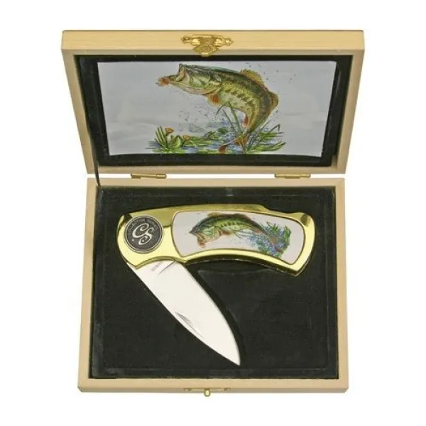 Large Mouth Bass Folding Knive in Wood Box CS-6026