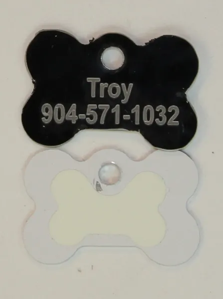 Black Dog Bone Pet I.D. Collar Tag with Glow in the Dark Back ENGRAVEDPETIDTAG_BONE_BLACK_GLOW