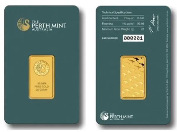 Perth Mint 20 Gram Gold Bar .9999 Fine (In Assay) PERTH_MINT_20_GRAM_GOLD