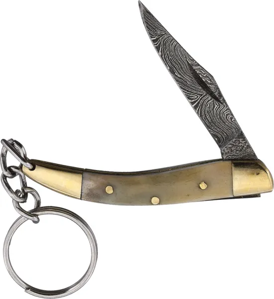 Damascus Key Chain Knife Clip Blade Stag Handle DM1025