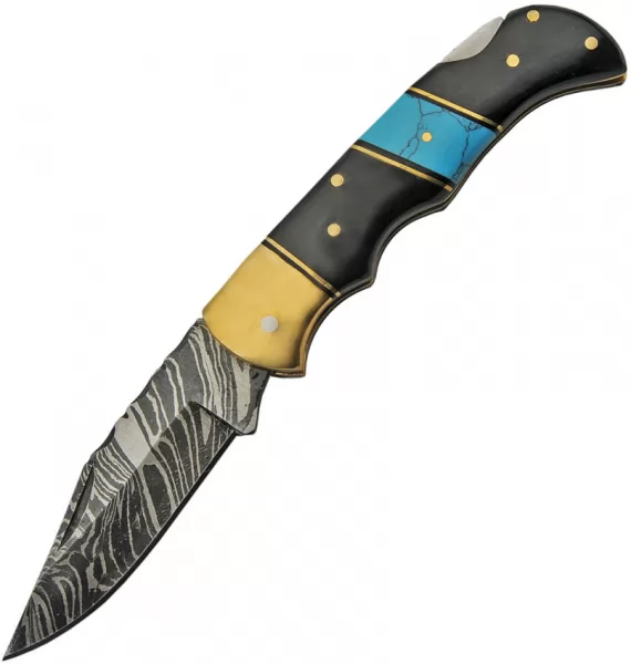 Damascus Lockback Horn-Turquoise knives DM1215