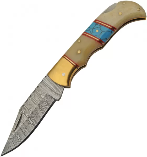 Damascus Lockback Bone-Turquoise knives DM1362