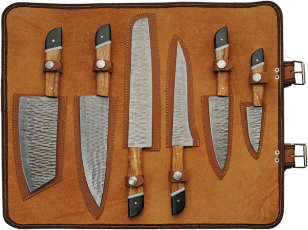 Damascus Saddlewood Kitchen Set w roll knives DM1398