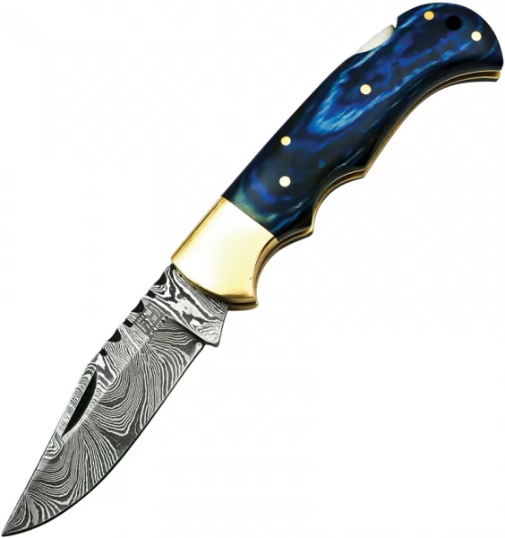 FH Knives Lockback Damascus Blue FHKBLU001