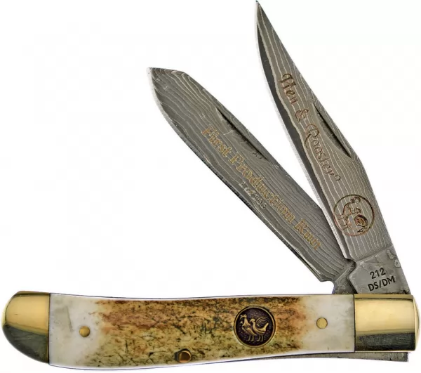 Hen & Rooster Trapper Damascus Deer Stag knives HR212DSDM