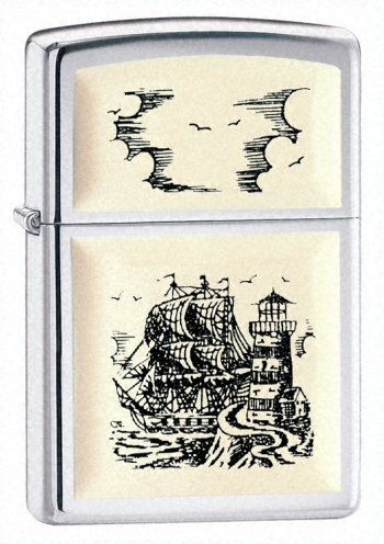 Zippo High Polish Chrome Scrimshaw Ship Lighter 359