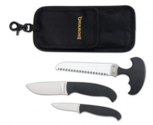 Browning Hard Core Hunter Combo Set 2 Knives 1 Saw Black handles & Sheath 322-437