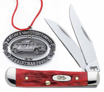Case X-mas Orn- Dk Rd Bone Tinttrap Knives 2261