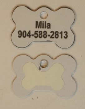 White Dog Bone Pet I.D. Collar Tag with Glow in the Dark Back ENGRAVEDPETIDTAG_BONE_WHITE_GLOW