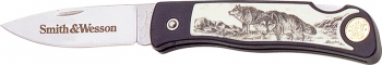 Smith and Wesson S&W Scrimshaw Lockback Wolf. Knives SW380N