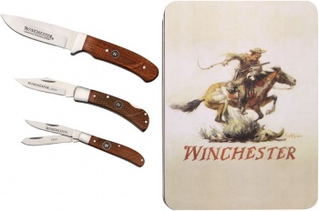 Winchester G0407 3 Knife Set Gift Tin Brown Wood